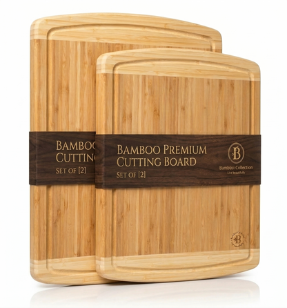 Set of 2 thick bamboo cutting boards with juice grooves