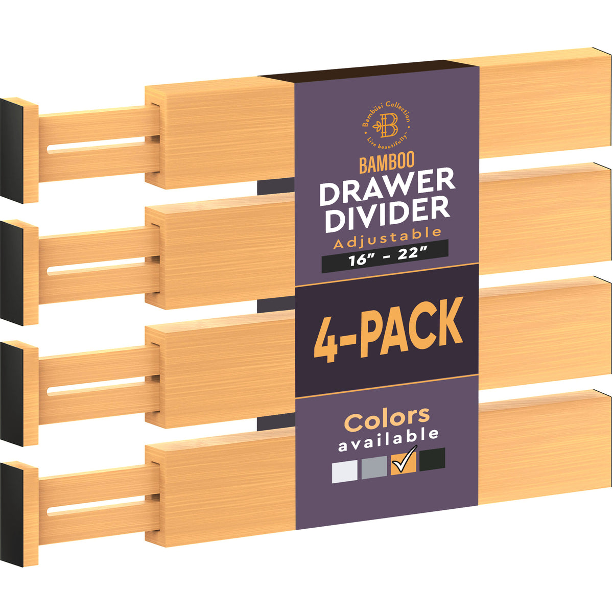 Bamboo Drawer Dividers, 4-Pack, 16–22 Inch Adjustable — Natural