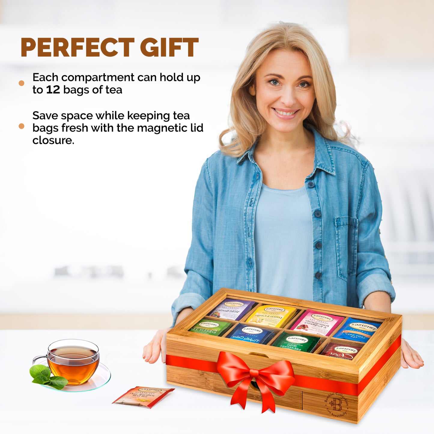 Bamboo Tea Organizer Box with 8 Compartments and Magnetic Lid for Kitchen Storage