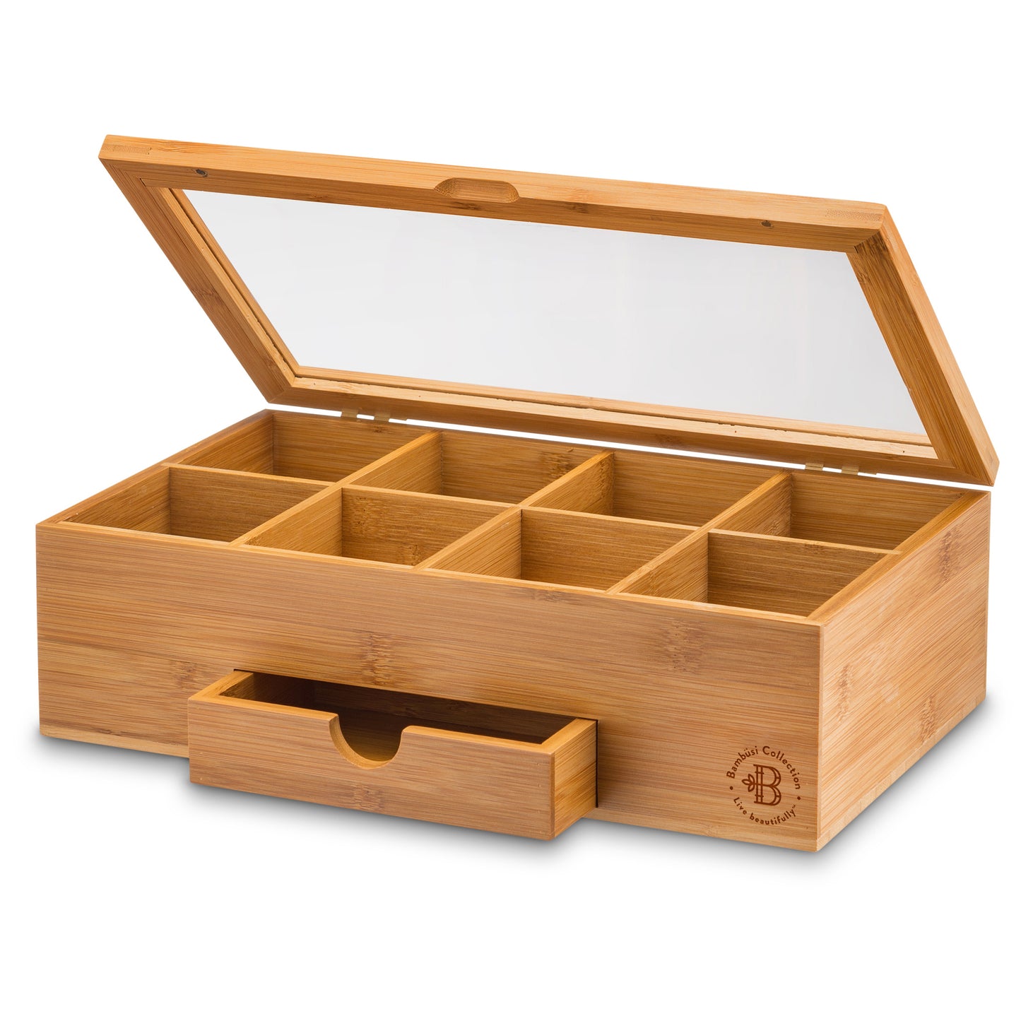 Bamboo Tea Organizer Box with 8 Compartments and Magnetic Lid for Kitchen Storage