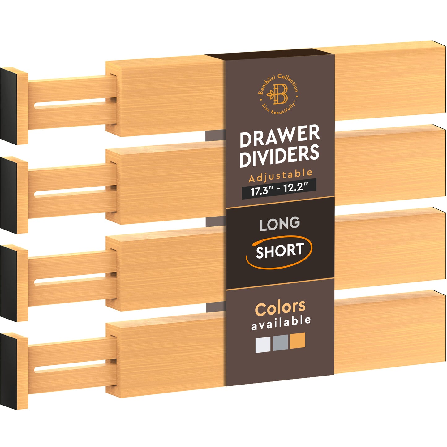 Adjustable Bamboo Drawer Dividers – 4 Pack - 2.6" High, 12.5-17" Adjustable