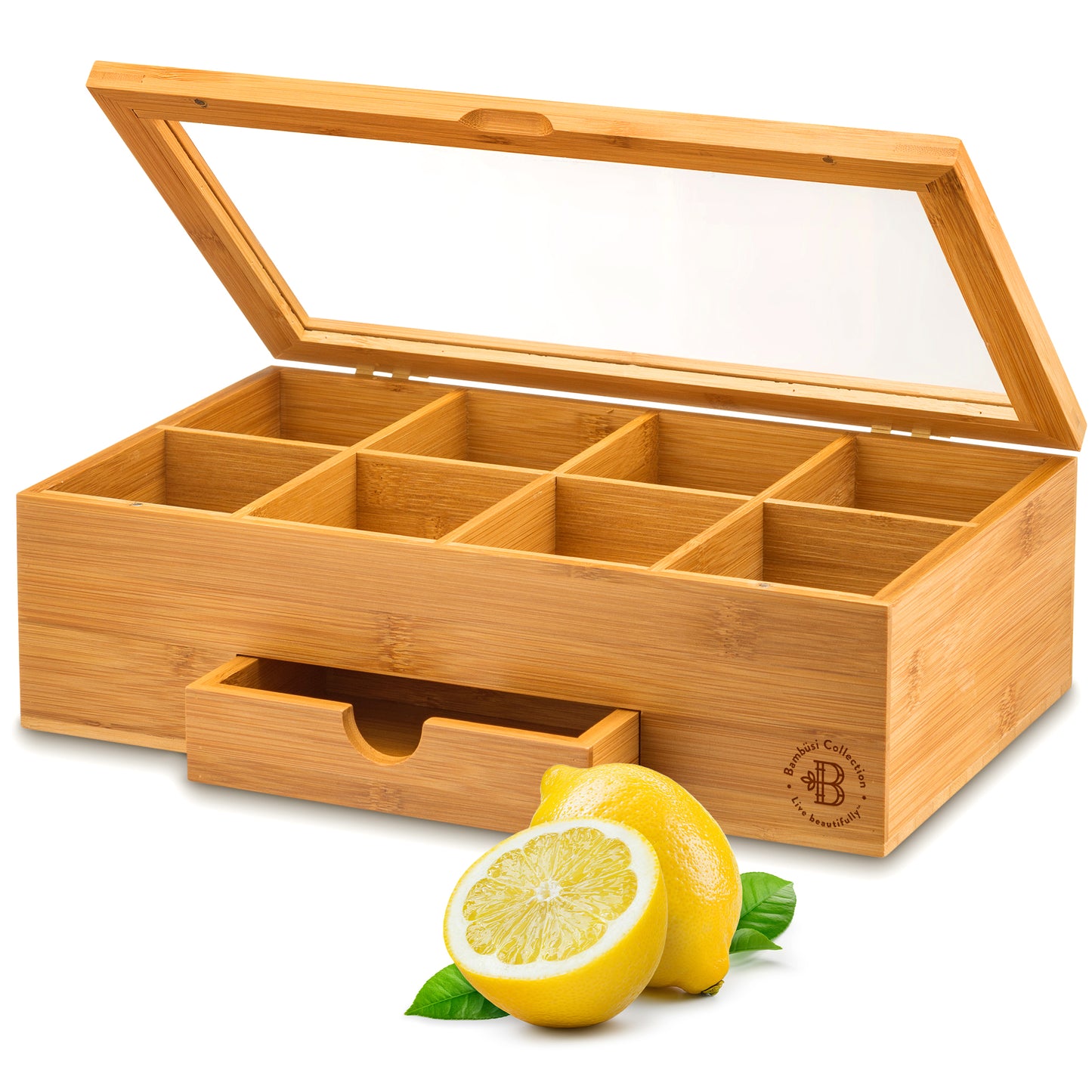 Bamboo Tea Organizer Box with 8 Compartments and Magnetic Lid for Kitchen Storage