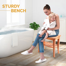 Load image into Gallery viewer, Bamboo Shower Bench - Small Shower Stool with Storage Shelf, Non-Slip Shower Seat, Bathroom Bench, Spa Decor Wooden Shower Bench, Foot Rest Shaving Stool for Shower, Suitable for Indoor/Outdoor Use
