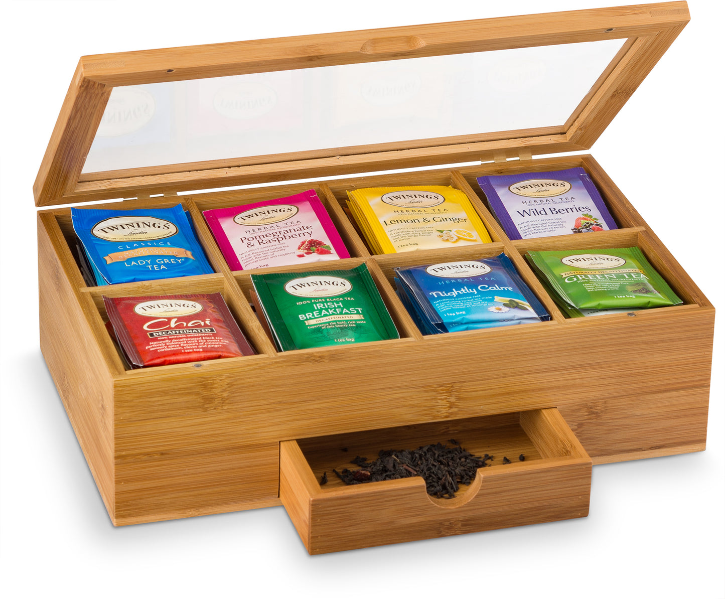 Bamboo Tea Organizer Box with 8 Compartments and Magnetic Lid for Kitchen Storage