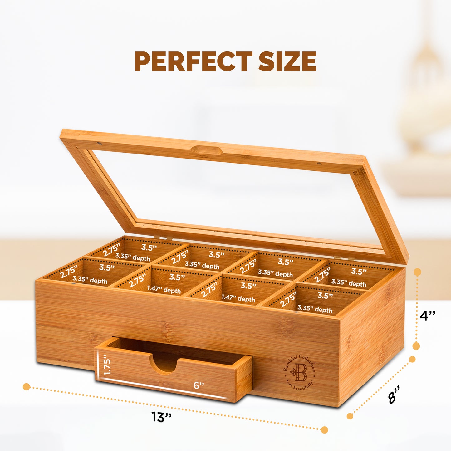 Bamboo Tea Organizer Box with 8 Compartments and Magnetic Lid for Kitchen Storage