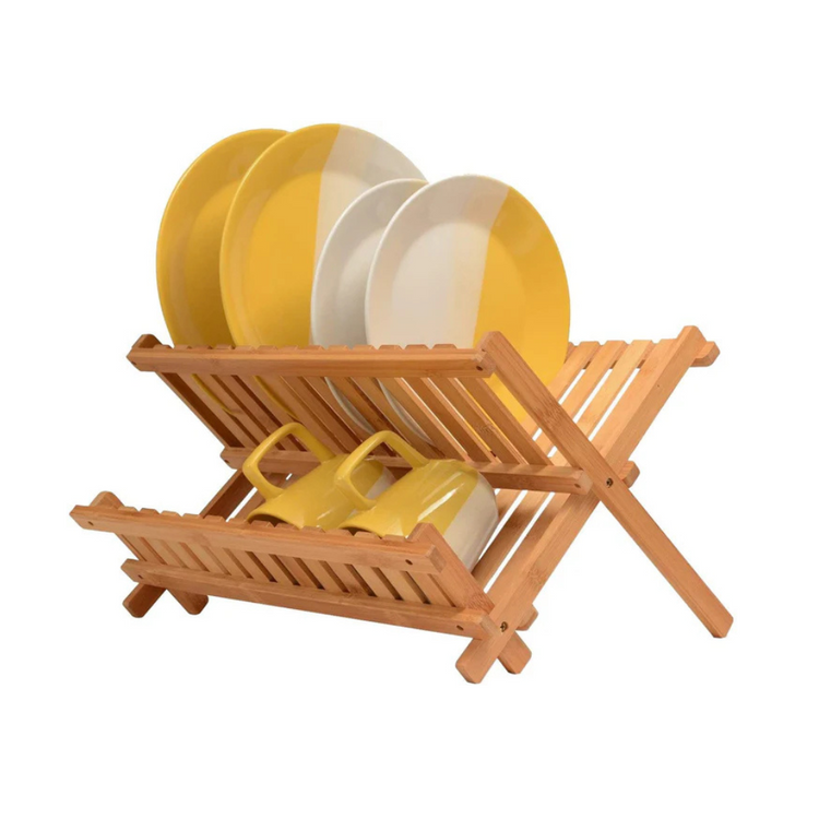 Bamboo Dish Drying Rack – Foldable 2 Tier Organizer for Plates, Bowls, Mugs & Utensils