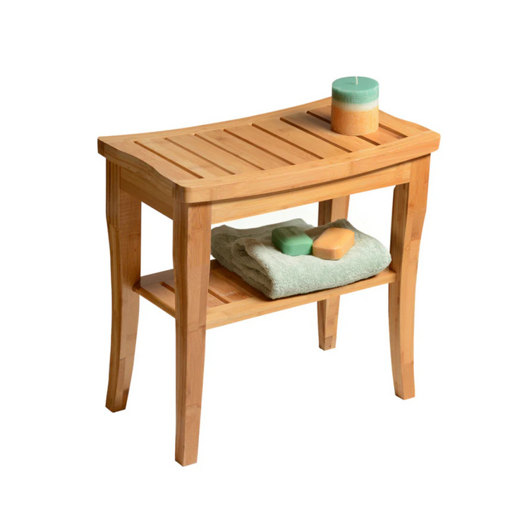 Bamboo Shower Bench with Shelf Black Wooden Bath Stool with Storage Non Slip Seat Spa Decor Bathroom Bench Foot Rest Shaving Stool for Indoor and Outdoor Use 17 x 9 x 17