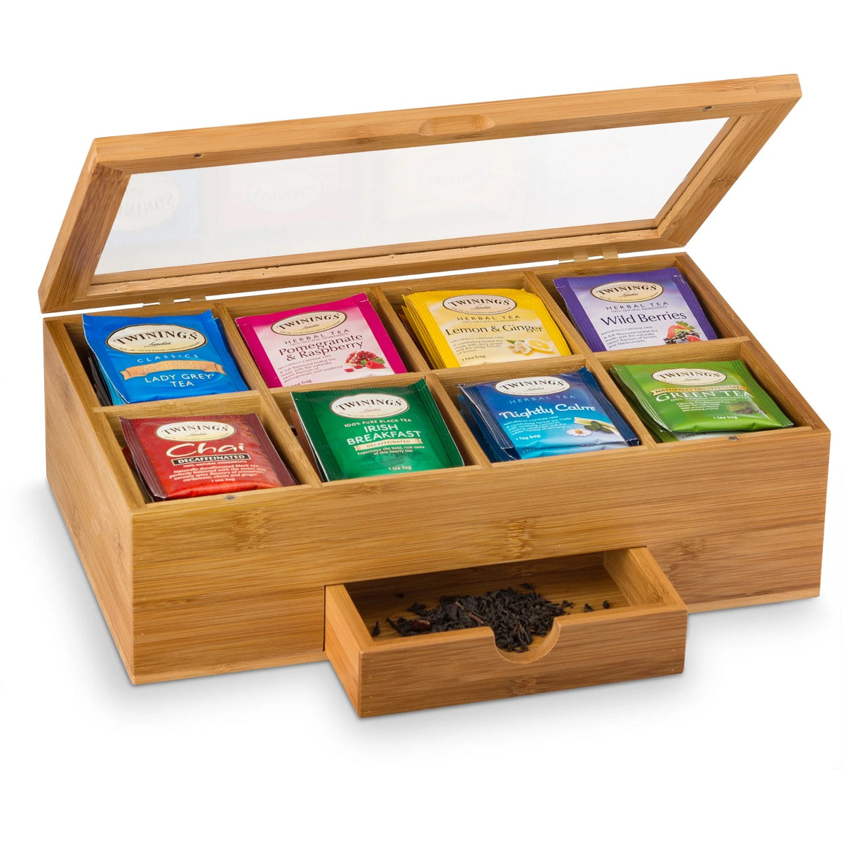 Bamboo tea organizer box with 8 compartments, clear magnetic lid and drawer