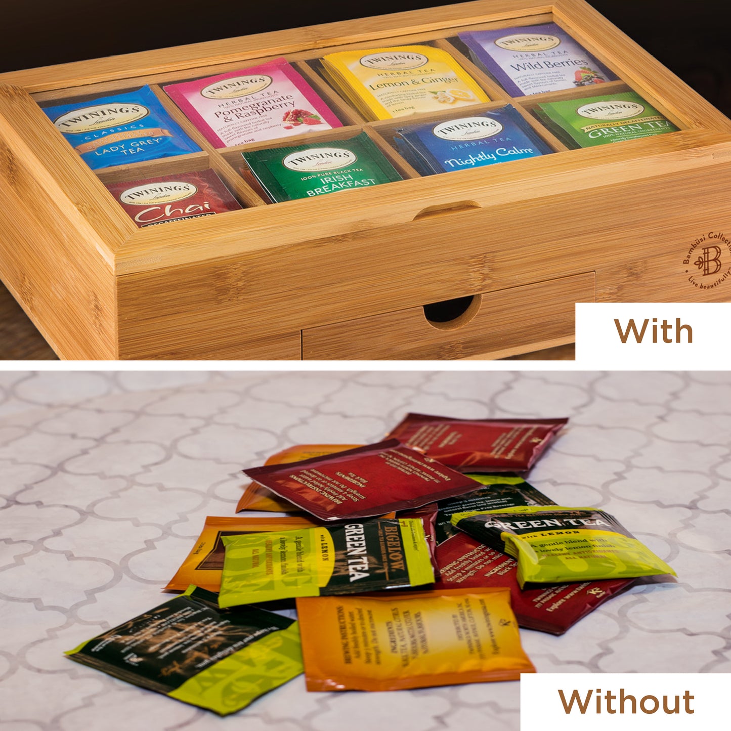 Bamboo Tea Organizer Box with 8 Compartments and Magnetic Lid for Kitchen Storage
