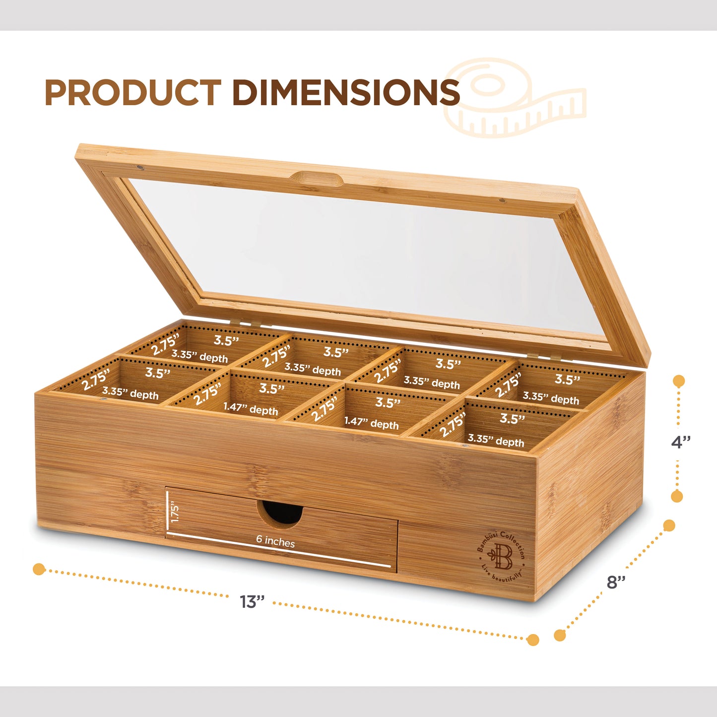 Bamboo Tea Organizer Box with 8 Compartments and Magnetic Lid for Kitchen Storage