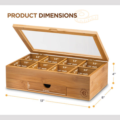Bamboo Tea Organizer Box with 8 Compartments and Magnetic Lid for Kitchen Storage