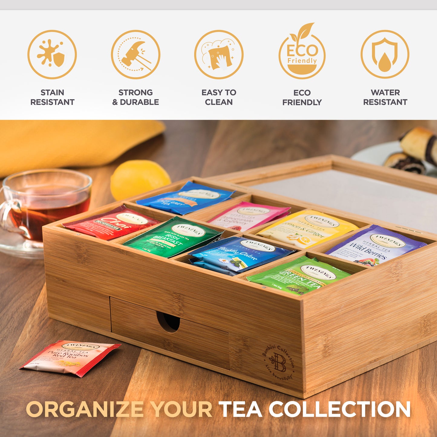 Bamboo Tea Organizer Box with 8 Compartments and Magnetic Lid for Kitchen Storage