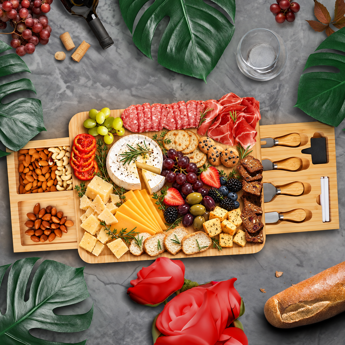 Bambüsi non-personalized bamboo cheese board gift set, generously styled with cheeses, grapes, crackers and charcuterie; two slide-out trays and four cheese tools
