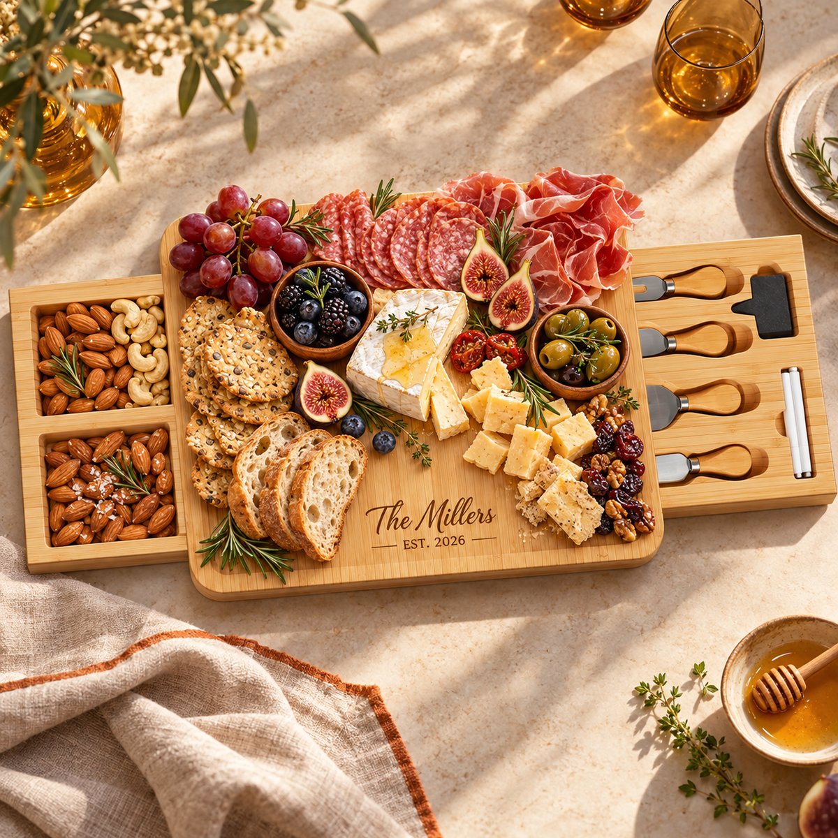Bambüsi two-drawer cheese board with a full charcuterie spread and sample engraving