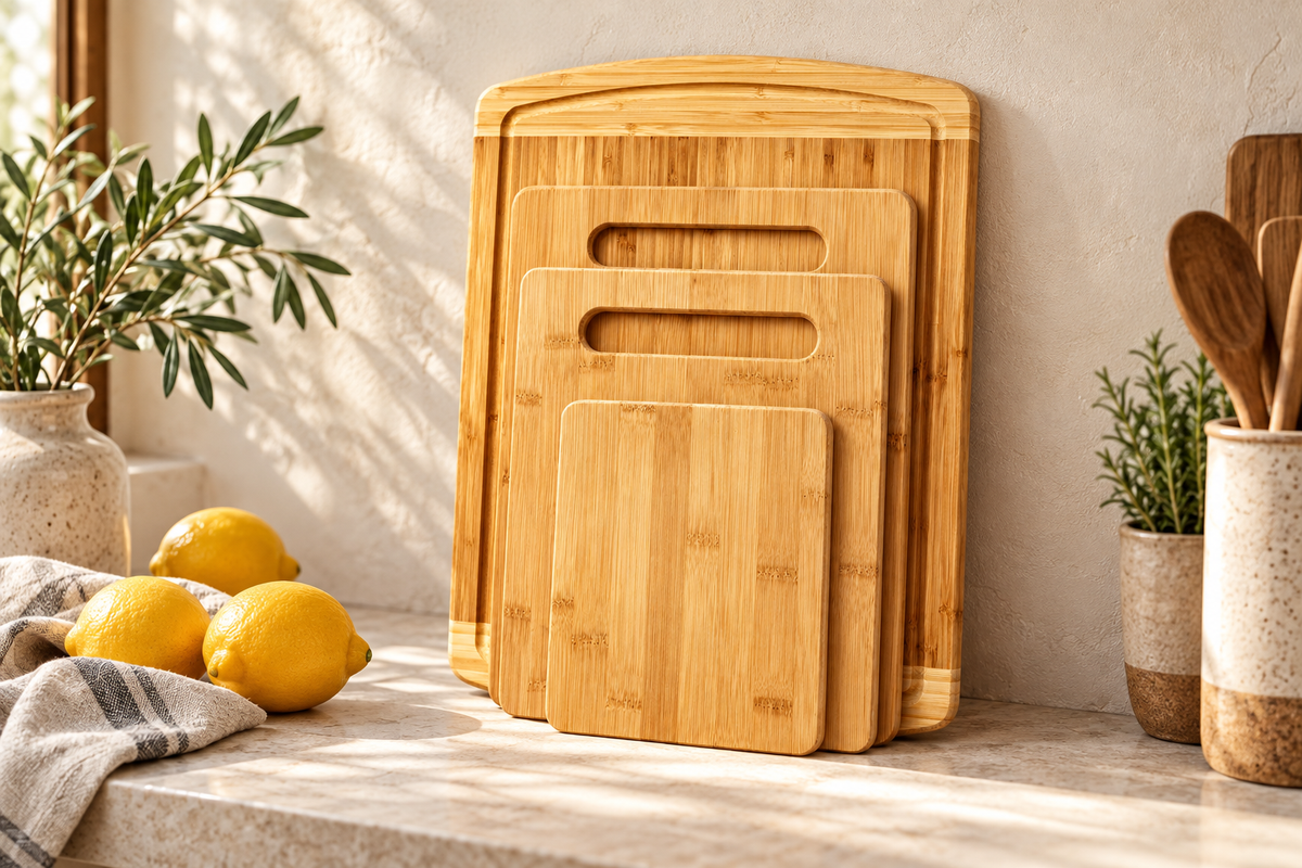 Bambüsi bamboo cutting boards on a kitchen counter