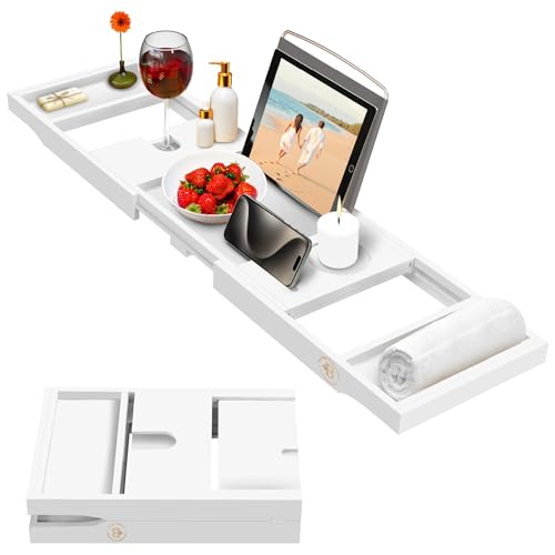 White Bambusi expandable bathtub tray with tablet stand and side trays