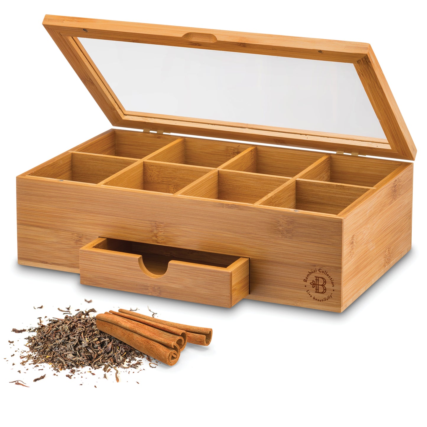 Bamboo Tea Organizer Box with 8 Compartments and Magnetic Lid for Kitchen Storage
