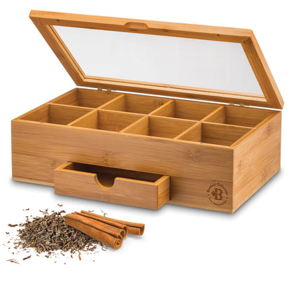 Bamboo Tea Organizer Box with 8 Compartments and Magnetic Lid for Kitchen Storage