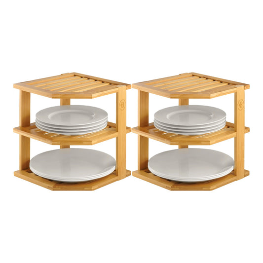 2 pack bamboo corner shelf organizers holding stacked plates