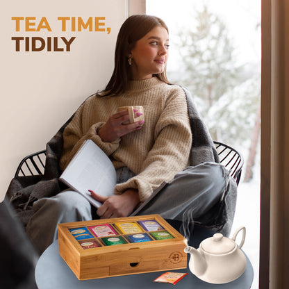 Bamboo Tea Organizer Box with 8 Compartments and Magnetic Lid for Kitchen Storage