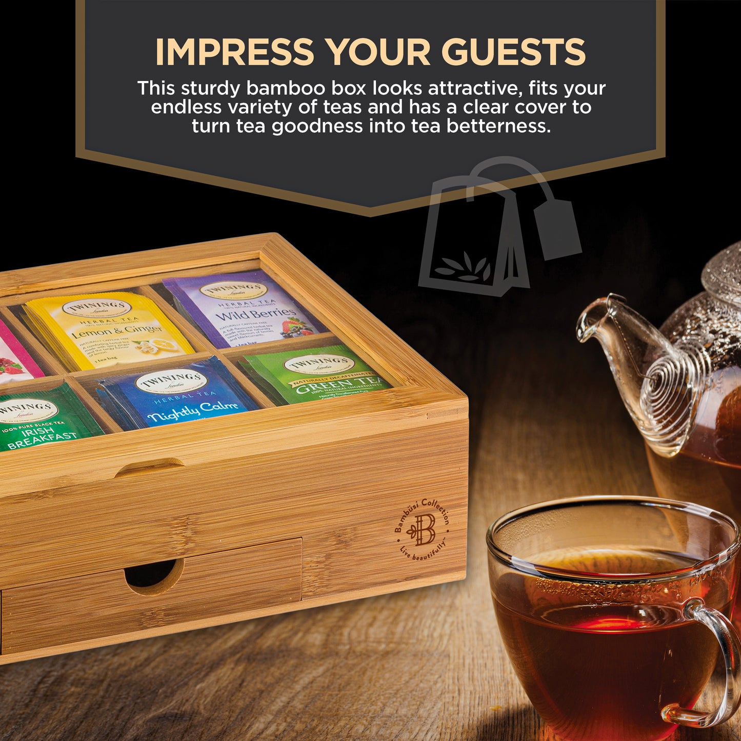 Bamboo Tea Organizer Box with 8 Compartments and Magnetic Lid for Kitchen Storage