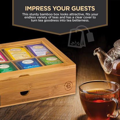 Bamboo Tea Organizer Box with 8 Compartments and Magnetic Lid for Kitchen Storage