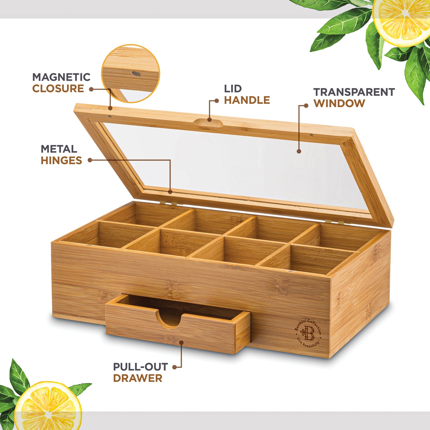 Bamboo Tea Organizer Box with 8 Compartments and Magnetic Lid for Kitchen Storage