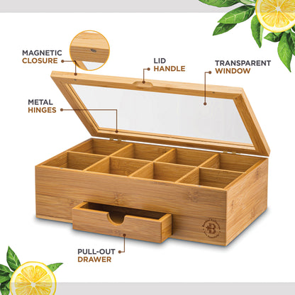 Bamboo Tea Organizer Box with 8 Compartments and Magnetic Lid for Kitchen Storage