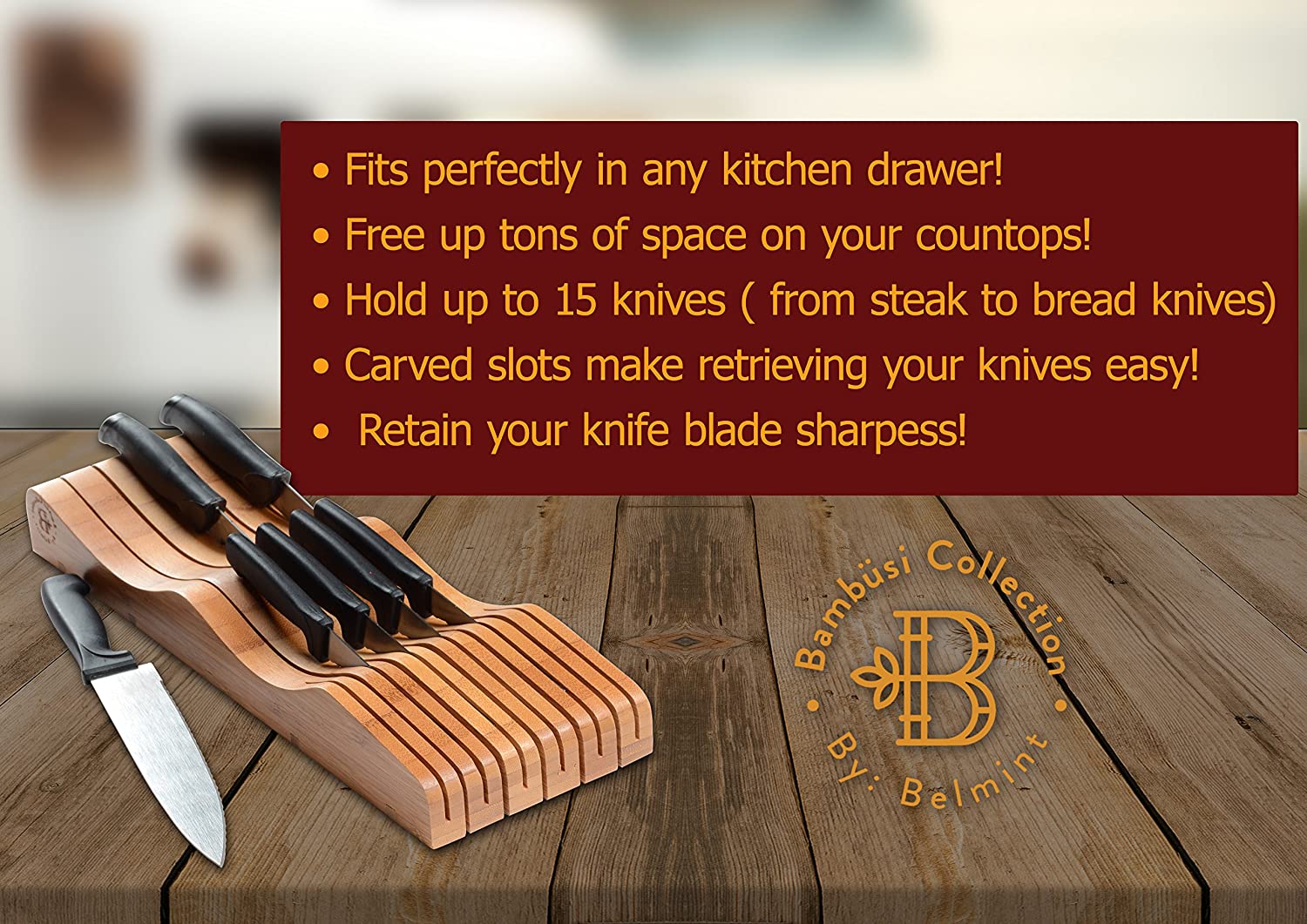 Hastings Home 799873VRA in Drawer Bamboo Knife Block / Cutlery Storage