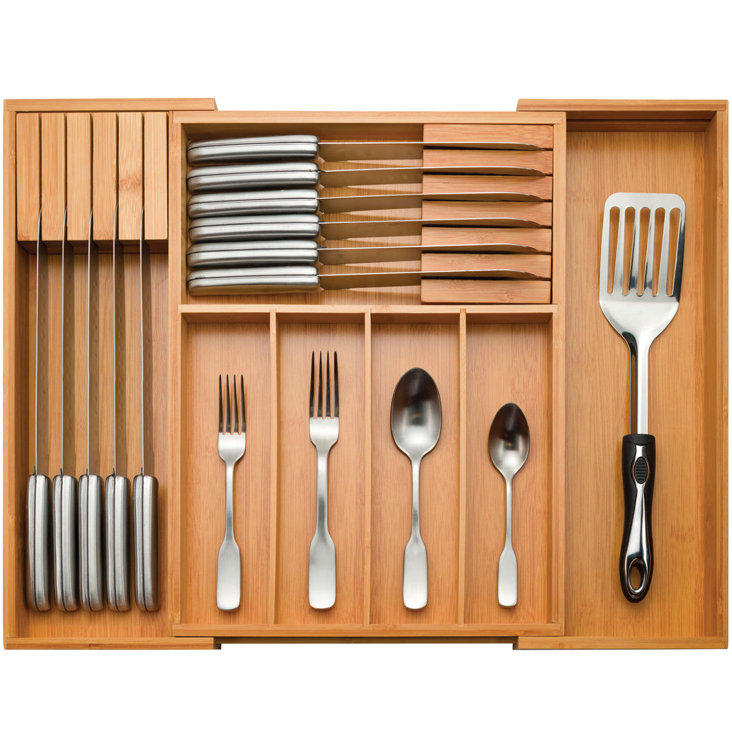 Adjustable Bamboo Silverware Drawer Organizer with Two Removable Knife Blocks