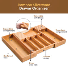 Load image into Gallery viewer, Adjustable Bamboo Silverware Drawer Organizer with Two Removable Knife Blocks
