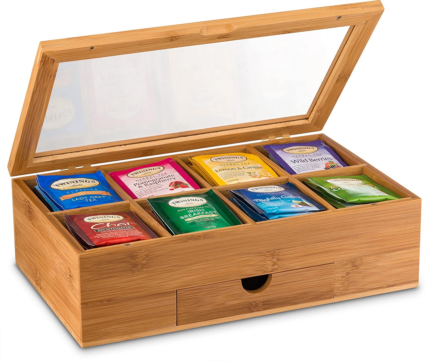 Bamboo 8-Section Tea Storage Box with Clear Lid by Trademark Innovations