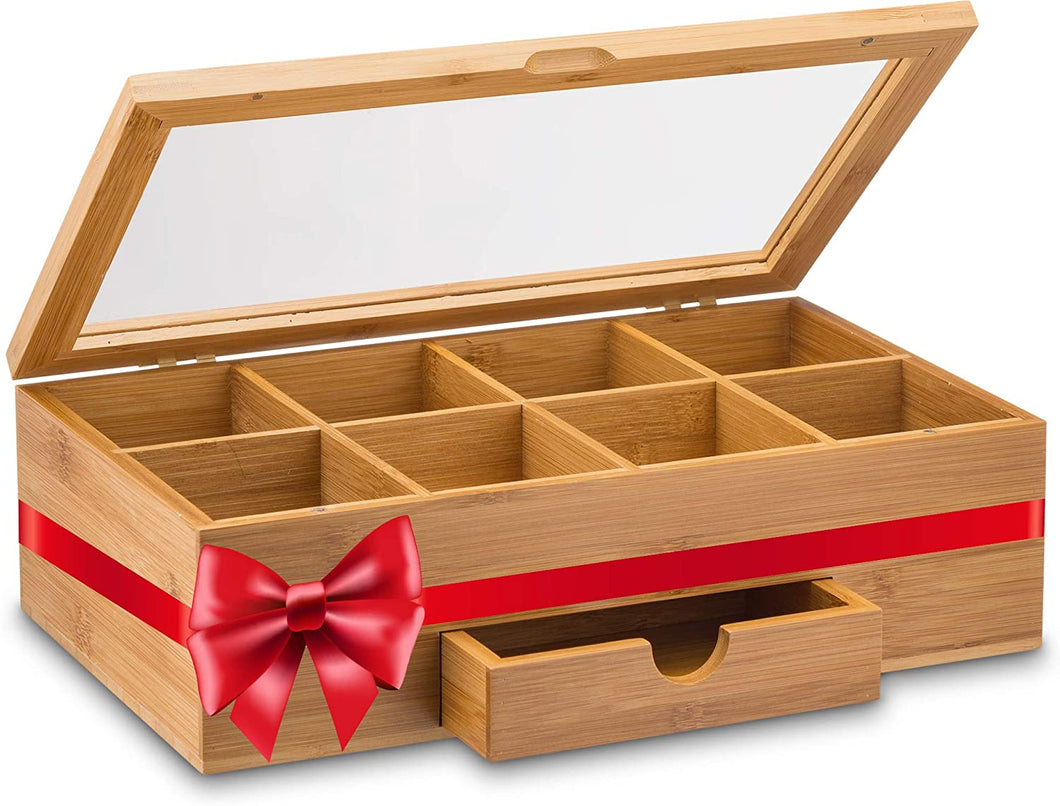 Bamboo Tea Storage Box with 8 Storage Compartments