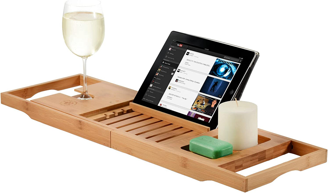 Premium Bamboo Bathtub Tray Caddy - Expandable Wood Bath Tray with Book/Tablet Holder, Wine Glass Slot- Gift Idea for Loved Ones
