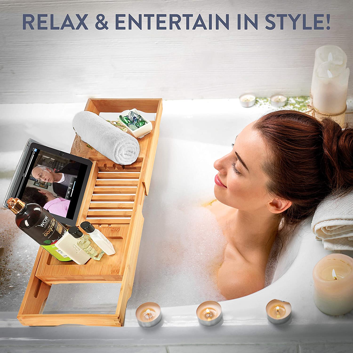 Bamboo Shower Caddy Bathtub Wooden Bathroom Storage Caddy Bambusi