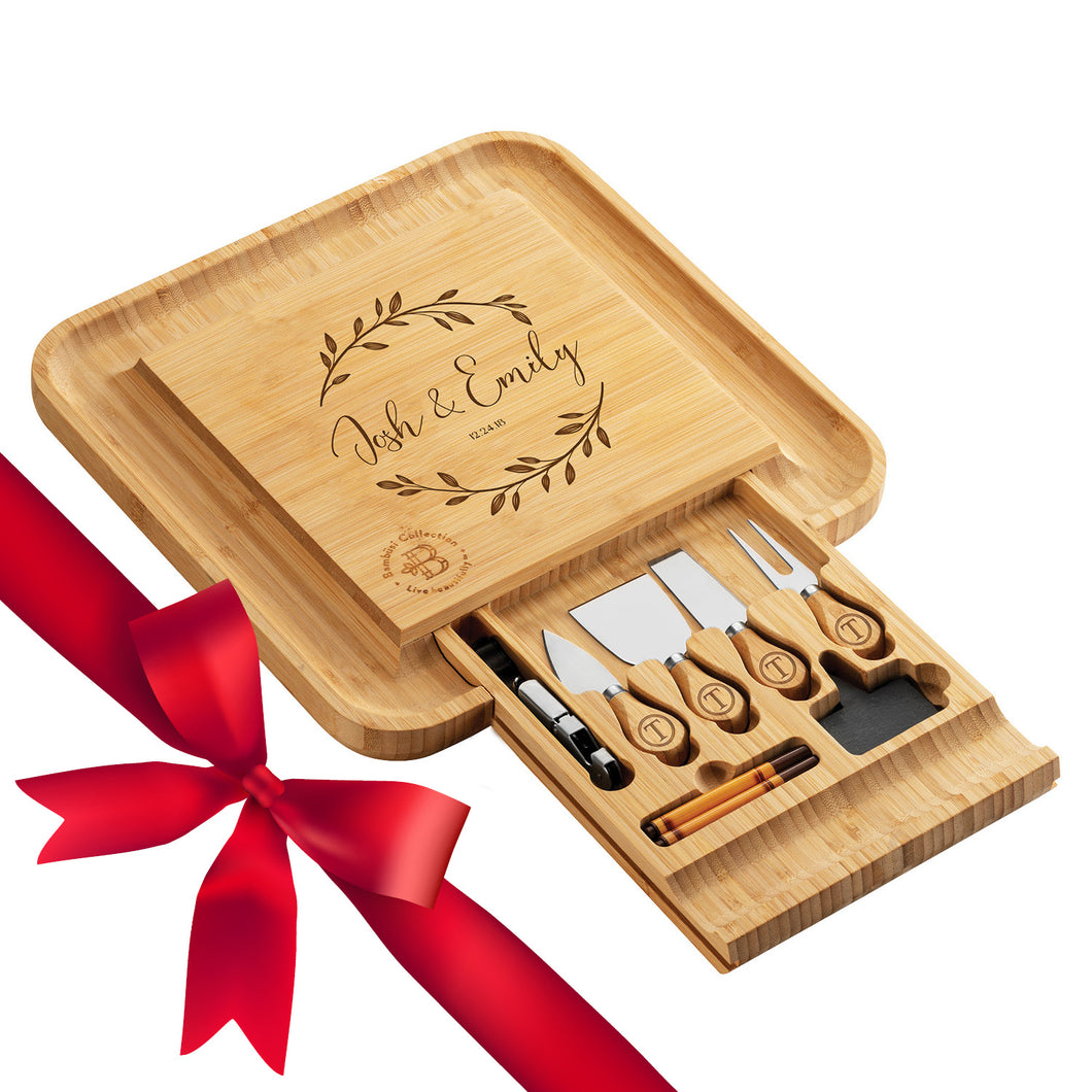 Personalized Bamboo Cheese Board / Charcuterie Board & Knife Set with Custom Engraving