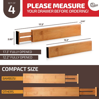Adjustable Bamboo Drawer Dividers – 4 Pack