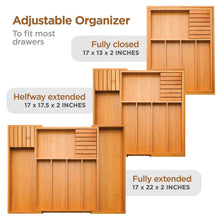 Load image into Gallery viewer, Adjustable Bamboo Silverware Drawer Organizer with Two Removable Knife Blocks
