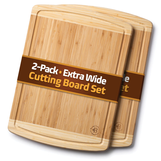 Premium Bamboo Cutting Board - Set of 2 Thick Butcher Block Kitchen Boards for Meat Vegetables Cheese and Meal Prep